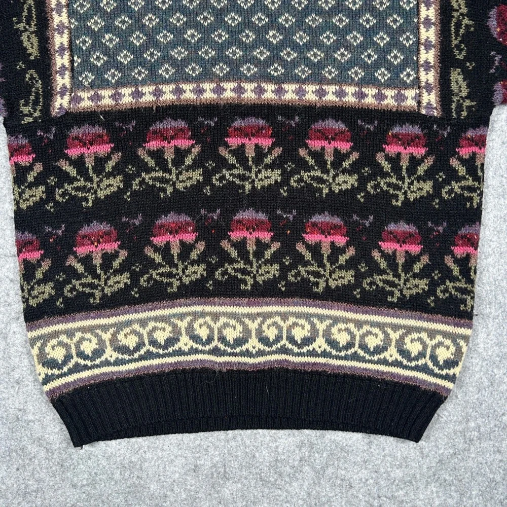 Vintage The Import Workshop Sweater Mens Small Black Floral Fair Isle Knit 90s - Picture 7 of 12